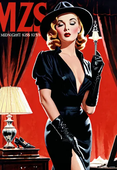 (text, "Midnight, Kiss":1.8), Vintage 1950s movie poster, hand-painted illustration style. A dramatic scene of a femme fatale standing in a detective's office, fitted black dress, wide brim hat, long gloves, sultry mysterious expression. Venetian blind shadows across the wall, (silhouettes:.8), office desk with lamp casting a single dramatic pool of light. High contrast black, white and red colour palette, dramatic chiaroscuro lighting, deep shadows, bold painted poster typography style, dramatic tagline banner, Alfred Hitchcock inspired suspense and tension, 1950s pulp illustration style, gouache painting texture., <lora:texta:1.6>