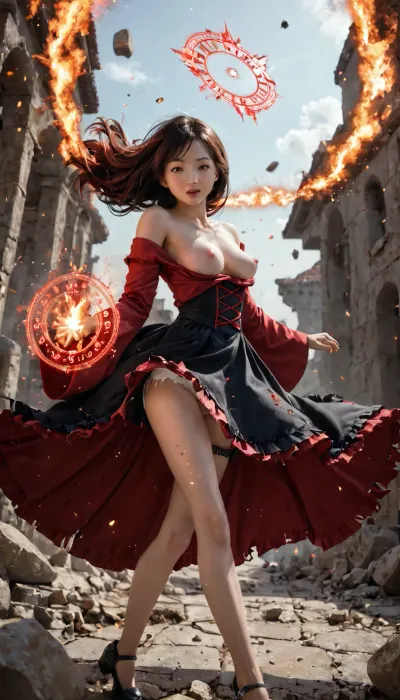 a cute asian girl of 21 years old, (fire everywhere of ruins battlefield, explosion, burning:1.01), (lift up skirt by wind, floating high, rising high, soar high:1.21), (glowing magic, transparent red, small magic circle on her hands, fireball magic, hand magic power, many magic effect:1.07), (slim legs, slim thigh:1.05), (her boobs of E-cups, bouncing breasts, pink nipples, slip down:1.06), (white panty, ultra-detailed panty, sexy panty, visible panty:1.14), (black under skirts, black lining, peticoat, black flils, off-the-shoulder, detached wide sleeves with tattered torn, leg holster:1.24), (red dress with many black line, long dress, layered dress, flared dress, tattered torn:1.18), volumy hair, (very long brown hair that reached her thigh with large ribbon:1.02), raised her hand, <lora:japanese_girl_v1.1:1.2>, <lora:cute_girls_xl_v1:1.4>