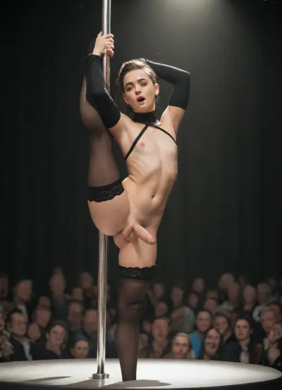 Futa 1, trans male, dancing, standing, medium dick, shaved, flatchested, one leg up, a pole, neckhalter shrug, visible nipples, garter, male face, male hair and moaning
Futa 2, trans man, nude, no tits, small shaved dick in the anus of futa 1, thigh highs. A dancing performance, on a stage, with audience