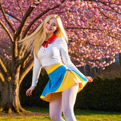 Slim, 20 yo, long straight blonde hair, cute smile, standing pose, full body portrait, facing viewer, pink cherry blossoms surrounding, bright blue yellow and red Snow White cosplay outfit, white pantyhose, golden hour lighting, playful mood, skirt lifted teasingly, one leg bent, flirty smile, soft focus background, efn1pawg, 3ll3f4nning, <lora:efn1pawg:2>, <lora:3ll3f4nning:2>