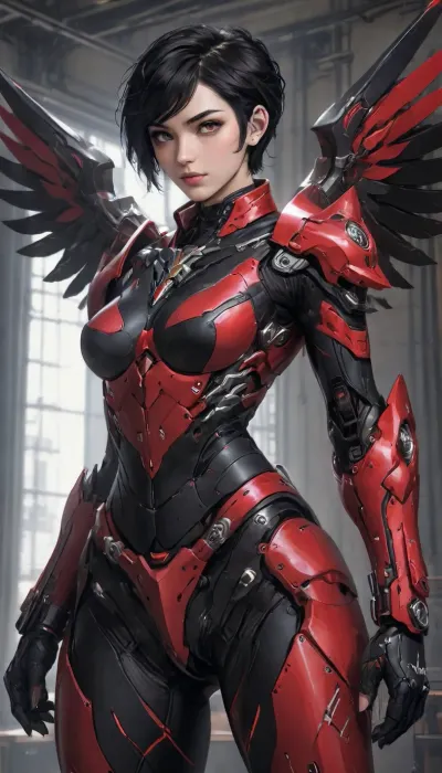 Andava, Andavaverse, realistic drawing, ((markgavatino style)), Melkor mancin style, flirty, high contrast., (Black hair, pixie cut hairstyle), Looking directly at viewer, big breasts, huge steel Wings, (dramatic lighting:1), Red black and White mecha armor, lineart, line, art, flat, colors, color, <lora:mk_Bp Anime_xl:.1>, <lora:lineartSDXL:2>, <lora:Mecha_Ggorgeous_Armor-000011:2>, underboob, <lora:UnderboobXL:.8>