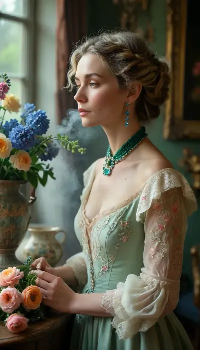 Couture, Colourful steam, beautiful mature lady arranging flowers in a antique vase, long gown, emerald collar, delphiniums, peony, peppermint, embroidered lace, chandelier, glittery smoke, beautiful model braided hairstyle, light rose, light green, light yellow, blue, and peach, <lora:MJ52:.7>