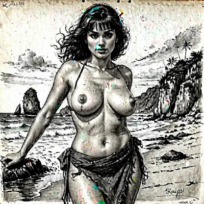 a drawing of a woman, 32 yo, brunette with a fringe, very big tits, one piece sarong, frizzy hair, cut leg, skin exposure, detailed but rough, sketches, detailed sketch, rough sketch, old sketch, sketch art, detailed penciling, highly detailed sketch, sketches wide angle view, realism, charcoal, drawing, <lora:EldritchCharcoalXL1.1:.5>