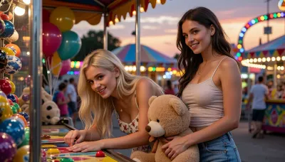 two Scandinavian women in their twenties at a lively amusement park game booth on a warm summer evening, colorful carnival lights glowing in the background, festive atmosphere, romantic date night

the blonde woman has long golden blonde hair, bright blue eyes, fair Nordic complexion, wearing a light floral summer dress, focused on playing a carnival game, smiling as she aims for a prize, natural and joyful expression

the brunette woman has long dark brown hair, vivid green eyes, fair Scandinavian complexion, wearing a fitted spaghetti-strap top and denim shorts, standing beside her holding a large plush teddy bear in her arms, smiling proudly and affectionately at her companion

warm sunset light mixing with colorful fairground lights, authentic amusement park setting, game booth filled with prizes, balloons and stuffed animals, candid moment, natural chemistry between the two women, photorealistic, highly detailed faces, realistic skin textures, vibrant colors, cinematic photography, shallow depth of field, masterpiece, ultra detailed, professional photography, summer romance, 8k