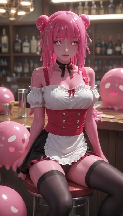 sexy milf, beautiful face, sassy bar waitress. Sitting on a bar stool, legs seductively crossed. Pink hair, braided plaits with bangs, black stockings, suspenders, micro skirt, panties visible, cameltoe, apron, (charming eyes, big bright pink glowing pupils:1.5), petite short-statured slime girl with, round cute face, big charming eyes, and anime-style eyes, surrounded by pink slime, and a sexy smile, Charming petite girl, Multicolour bright pink Hairstyle, two bun of hair in the shape of round ears, long hair, looking at viewer, bangs, hair ornament, bow, ribbon, bare shoulders, twintails, very long hair, voluminous hairstyle, glowing pink iridescent hair, medium elastic breast, (slime girl:1.9), sexy, dynamic pose, (pink skin:1.5), glossy wet body, <lora:light_contour_sdxl:1>, <lora:Glowing_beach:1>, <lora:glowneon_xl_v1:1>, <lora:White_Pink_Tentacle_Slime-000007:1>, <lora:White_Pink_Tentacle_Slime_-_Anime:1>