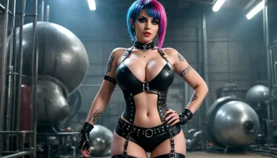 Punk Goth girl in Sexy outfit, huge round fake implants breast and curvy body, large, breasts, big, boobs, huge, tits, PsyLand, psychedelic, <lora:bombshell_v2:2>, <lora:Psy_Land_XL:2>