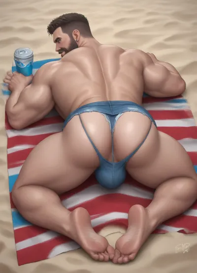 Masterpiece, hot teasing the viewer, couple hot beefy 60-years-old daddy and sxy muscle 21-year-old boy, grabbing ass, daddy 60+ and gay biy 21-year-old, muscles, big pecs, big bulge, big bum, huge big booty, (big booty:1.9), full beard, big thick mustache, oily skin, ripped minishort denim, daisy duke style short, unbuttoned denim, flashy multicolor thong apparent, thong apparent, laying on stomach on towel in sunny beach, nice sunny beach, grabbing bum man, gay, look the viewer, full-length view, side-rear view, full-length body view, hot tease, cinematic, only gay erotic sex, gay 100%, fantasy world, anime fantasy, only gay hardcore sex