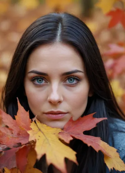 killing beautiful face framed by bright autumn colored leaves, blue-black straight long hair, tired and sad ordinary 30-year-old woman, single tear rolls down her cheek, face close up, face age-appropriate, skin condition age-appropriate