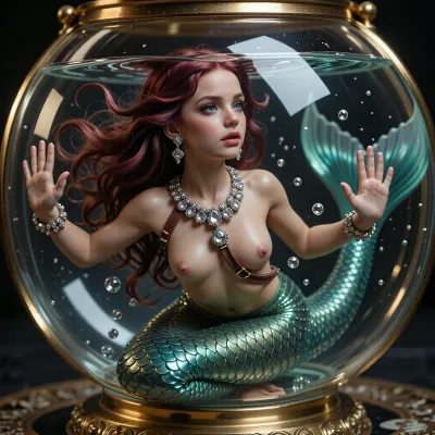 A miniature mermaid, 3 centimeters tall, with flowing deep red hair, swims inside a round goldfish bowl, the bowl has an elegant metallic rim and decorative base, her shimmering green fish tail is detailed with individual glistening scales, she wears a wide diamond-studded necklace from which a leather leash, also adorned with diamonds, extends, her hands press flat against the inner glass, reflections of the water surface ripple across her skin, bubbles rise around her, her facial features are intricately detailed and beautiful, diamonds catch the light as she gazes outward, the goldfish bowl fills the frame, maximizing the mermaid’s presence, with a cinematic, highly detailed photorealistic depiction of skin texture, shimmering scales, and sparkling diamonds.