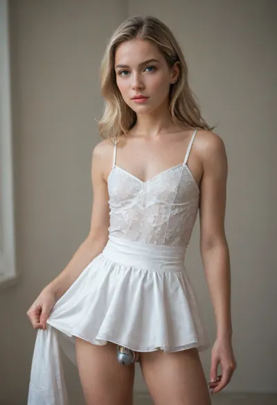 maximum slutty 18years old blonde flat chested cute femboy with penis in to smal chastity cage, wear just silk and satin fetish sissy dress outfit, just silk and satin, satin adidas vintage fetisch, have no tits at all because shes still a male