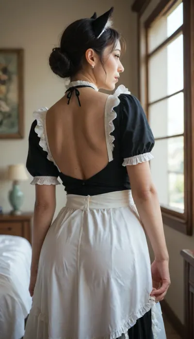 Asian MILF, (voluptuous), catgirl, maid outfit, rear view