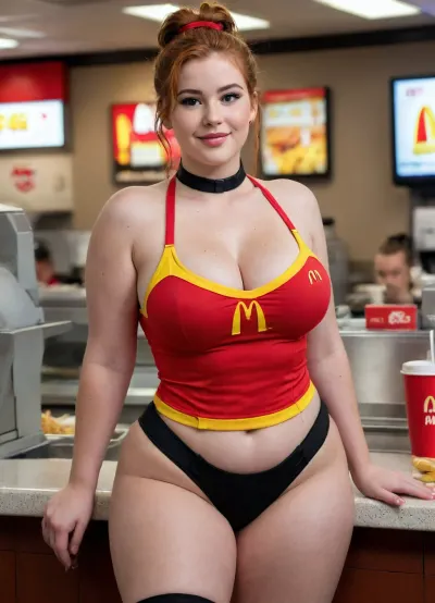 Ssbbw, short, chubby, young American pale 23 year old woman, black thin choker, McDonalds cashier, defined butt, fat, messy bun, hair up, skimpy McDonalds uniform, full body shot, redhead, messy long hair, mole, stiff pokies, dimples, hard nipples, night, freckles, good lighting, photorealistic, major cleavage, full McDonalds uniform, seductive face, McDonalds, best quality, best resolution, uhd, perfect composition of lights and shadows, dynamic, the brightest image, clear focus, depth of field, 8k, cameltoe, ((high detailed skin)), high quality, detailed skin texture, (highly detailed hair), short shorts, bubblebutt, round cheeks, braces, acne, pimples, (crotch bulge)
