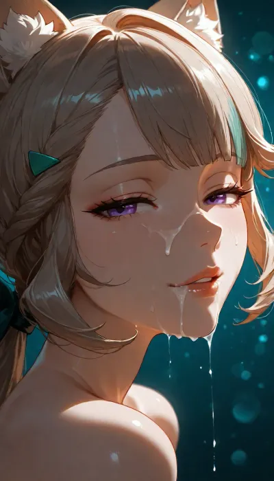 1girl, Lynette from Genshin Impact, hairclip, sidelocks tied back, solo, smiling, abstract background, aqua background, lips, looking at viewer, seductive, half-closed eyes, cum dripping from side of her mouth, cum on face, <lora:SDXL high detailed. LoRA_SDXL_ARW_0010:1.5>, <lora:add-detail-xl:1.9>, <lora:dark:.8>, <lora:Jeweled eyes-NAI:2>, <lora:SDXL Detail:1.3>