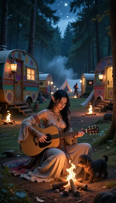 Masterpiece, best quality, highly detailed, a vast bohemian gypsy camp in a dark forest clearing at night, in the center, a black haired bohemian elvish woman, serene smile, delicate dimples, sits at the forefront, playing an acoustic guitar by a small campfire, her slender fingers pressing the strings, each fingernail finely detailed, she wears a flowing bohemian dress, and the warm glow of the fire dances on her skin, behind her, a kaleidoscope of vintage gypsy wagons, each wagon uniquely decorated with vibrant colors and lanterns, some wagons have small campfires outside, the forest thick with tall trees surrounding the scene, mist rising between them, the entire clearing filled with other smaller campfires, distant laughter and music softly blending into the night, a soft haze in the air, stars peeking through the tree canopy, the entire atmosphere relaxed, magical, and deeply atmospheric, a masterpiece capturing the spirit of a wandering nomadic life. Her small breasts peak out with stiff nipples as she bends over to pet a small yappy poodle.