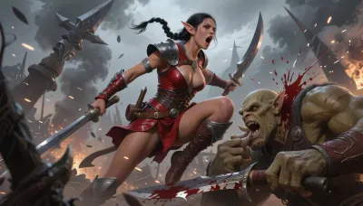 Oil painting style, Greg Rutkowski inspired, ethereal, cinematic lighting, hyper-realistic, 8k resolution, intricate detail, high fantasy, "Lord of the Rings" aesthetic. A cinematic wide shot of a beautiful elvish princess in ranger armor fighting her way through giant orcs with halberds while she is wielding two mithril scimitars, amid a battlefield with smoke and magical sparks, epic scale.

a beautiful young elf princess, SamDoesArt2, passionate, yelling a war cry, petite, (dark haired skinny female elf:1.3), very beautiful face, dark tan skin, french braid, very small breasts, stiff nipples, red leather ranger armor, red leather bodice, elf ears, jumping high through the air, she behads an orc. She stabs an ogre through the skull. She slices another orc's arm off. Blood sprays everywhere, low POV looking up
