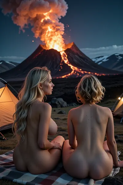 A detailed, photorealistic film scene set in Iceland featuring a volcanic eruption with massive lava fountains and a nighttime atmosphere, two young women are camping at a safe distance from the volcano—both are blonde, one with extremely long blonde hair and large, shapely breasts, the other with short, curly blonde hair and medium-sized, pear-shaped breasts. Both are sitting on a blanket, watching the volcano.
Shot on 35mm film, analog photography style, natural light fall-off, soft shadow transitions, slight film grain, fine noise structure, imperfect focus, uneven sharpness, realistic skin texture with pores and color nuances, no digital sharpening, no HDR look, organic imperfections and cinematic realism defined by natural light and physical details.