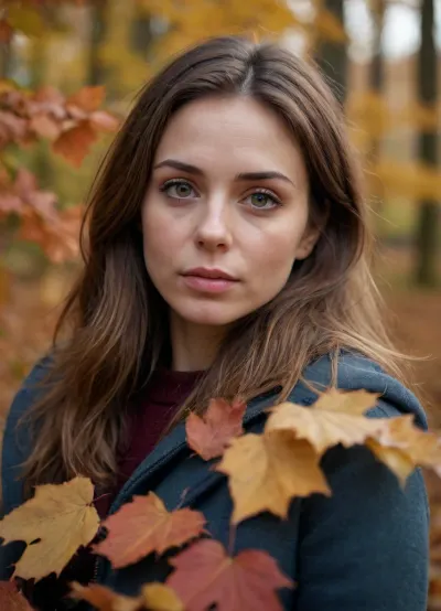 killing beautiful face framed by autumn leaves, tired and sad ordinary 30-year-old woman, face age-appropriate, skin condition age-appropriate