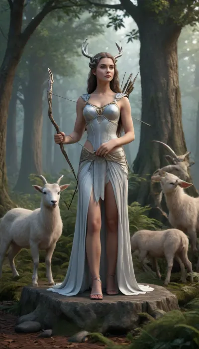 A 3D render of Artemis, goddess of the hunt, with her bow and arrows, leading a group of nymphs through an enchanted forest. The nymphs wear dresses made of leaves and euro banknotes, (20, 50), and a goat with golden horns follows them. A Celtic harp rests on a tree stump, and a Wise card is placed on a rock. The scene is bathed in silver moonlight. Ultra-realistic 3D, 8K, hyper-detailed textures, depth of field.