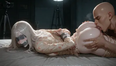 (Realistic Reiq style:.5), (pale skin:1.2), in a dark basement on a mattress, (skinny woman), (lying prone:1.2), small tits, (pajamas), (hands tied behind her back with duct tape), (she has duct tape gag over her mouth and eyes), duct tape over the woman's eyes, BREAK, (old wild bald brutal man), tall, muscular white man, (((he is spreading her ass cheeks and licking her asshole:1.4))), (cunnilingus), illuminate, creating dramatic chiaroscuro effects, film studio lighting, aggressive, side view, ruined mascara, tripod camera