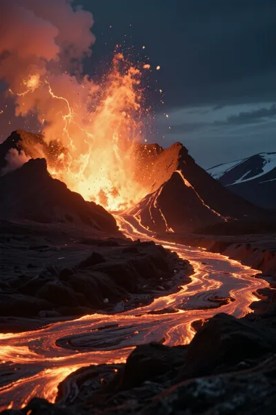 A highly detailed, photorealistic film scene, Iceland, volcanoes, volcanic eruption, massive lava fountains, nighttime atmosphere, Shot on 35mm film, analog photography style, natural light fall-off, soft shadow transitions, slight film grain, fine noise structure, imperfect focus, uneven sharpness, realistic skin texture with pores and color nuances, no digital sharpening, no HDR look, organic imperfections and cinematic realism defined by natural light and physical details.