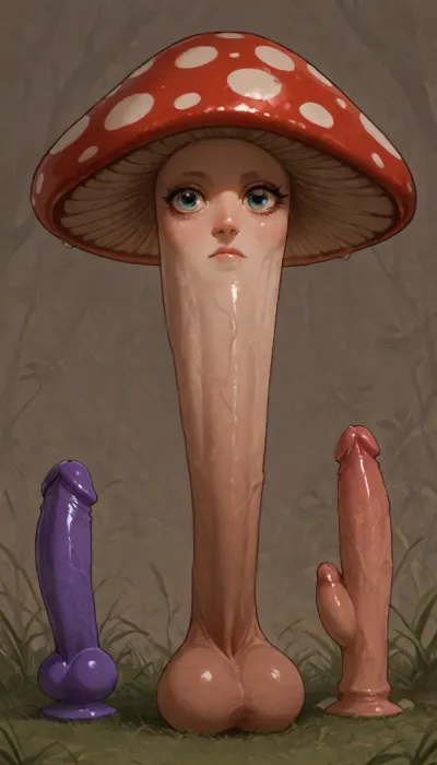 ((Only the dildo penis), dildo penis type in the colors of a mushroom, the mushroom should have eyes, nose and mouth), the mushroom should not be too big, the head should look like the glans of a penis, <lora:penisart-v2.0:2>