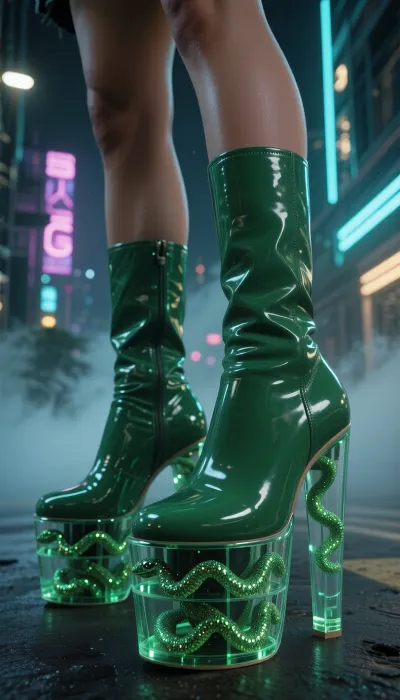 a futuristic neon city, in the street, foggy atmosphere, (-----------------
ultrarealistic cinematic masterpiece picture extreme close up of green very high heeled latex wedge heel plateau boots:2), (extremely, outrageously and impracticably ridiculously high transparent green acrylic plateau:10), (with 7 rows of small green glitter snakes in the ultrahigh acrylic sole:2), (40cm high acrylic sole:2), nighttime, very toned calves, extreme close up focus on shoes, emphasizing the extreme height of plateau and heel ----------
UHD, 8k, ultrarealism, professional picture, composition following the rule of thirds