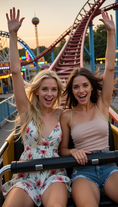 two Scandinavian women in their twenties on a romantic amusement park date, sitting together in the front row of a roller coaster, warm summer evening, just passing over the highest hill and beginning a steep descent, both with their arms raised high above their heads, laughing with pure joy and excitement as the coaster accelerates downward

the woman on the left has long blonde hair, bright blue eyes, fair Nordic complexion, wearing a light floral summer dress flowing in the wind

the woman on the right has long brunette hair, vivid green eyes, fair Scandinavian complexion, wearing a fitted spaghetti-strap top and denim shorts

their hair blown back by the speed, genuine smiles, carefree happiness, natural chemistry between them, colorful amusement park lights in the background, golden sunset sky, dynamic motion, sense of speed and freedom, cinematic roller coaster photo, realistic roller coaster car, photorealistic, highly detailed faces, natural skin textures, authentic emotions, masterpiece, ultra detailed, professional photography, motion blur in background, shallow depth of field, vibrant summer atmosphere, 8k