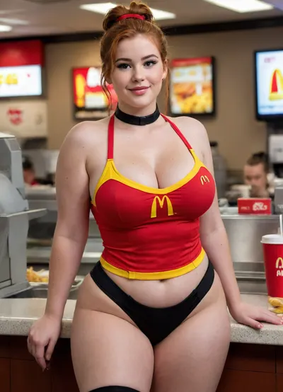 Ssbbw, short, chubby, young American pale 23 year old woman, black thin choker, McDonalds cashier, defined butt, fat, messy bun, hair up, skimpy McDonalds uniform, full body shot, redhead, messy long hair, mole, stiff pokies, dimples, hard nipples, night, freckles, good lighting, photorealistic, major cleavage, full McDonalds uniform, seductive face, McDonalds, best quality, best resolution, uhd, perfect composition of lights and shadows, dynamic, the brightest image, clear focus, depth of field, 8k, cameltoe, ((high detailed skin)), high quality, detailed skin texture, (highly detailed hair), short shorts, bubblebutt, round cheeks, braces, acne, pimples, (crotch bulge)