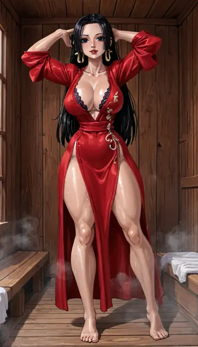(innv meets jack cayless style), reiq style, masterpiece, cel-shaded, limited color palette, ((Beautiful Muscles Sexy Boa Hancock from One Piece body)), 1girl, solo, alone, (athletic, wide, build, body), (seductive face, ads, large perfect breast, muscles, perfect legs, feet, wide hips, big ass, sweaty body, looking erotic), ((Boa Hancock from One Piece red robe), (bra), (panties)), (camel toed), (front facing standing seductive playful posing), (inside, sauna, steam, hotel), ultraviolet light, LoL, Style, muscular, athletic, a, tall, woman, with, dress, epaulette, large, breast, <lora:LCMTurboMix_Euler_A_fix:1.3>, <lora:EnvyCuteXL01v12:1.3>, <lora:EnvyAnimeDigitalPaintingXL01:1.3>, <lora:uberfit_lora_sdxl:1.3>, <lora:BoaHancock1024:2>