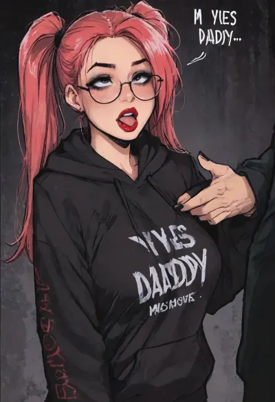 ((Melkor mancin meet markgavatino style)), reiq style, masterpiece, slender body, pink hair, twintails, skinny, dark red lipstick, goth makeup, round glasses, oversised black hoodie, ('YES DADDY' text on hoodie:1.5), large massive breasts, ahegao, dark background, ratatatat74, SamDoesArts, <lora:LCMTurboMix_Euler_A_fix:.9>, <lora:ratatatat74-000050:1.4>, <lora:mk_Bp Anime_xl:1.1>, <lora:SDXLSamDoesArts:.9>