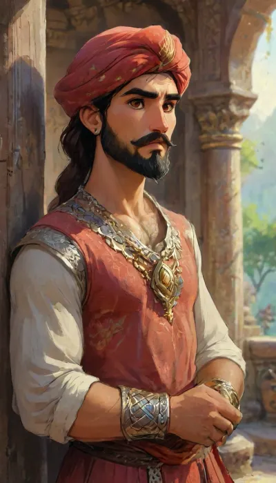 A heroic male paladin in a fantasy medieval setting, inspired by traditional Sikh features. He is 35 years old, tall and broad-shouldered with a noble and disciplined posture. His skin is warm brown, his face strong and symmetrical with high cheekbones, a squared jawline, and a calm, focused expression. He has deep-set dark brown eyes full of compassion and strength, thick eyebrows, and a straight nose. His full black beard is neatly groomed, and his hair is tied and covered beneath a royal red turban adorned with a silver emblem at the front. His lips are full but firm, closed in a meditative calm. He wears elegant chainmail armor** beneath flowing saffron and crimson robes** trimmed in gold. His chest bears a divine symbol, and his right hand holds a curved saber, (kirpan), while his left grips a steel shield etched with celestial runes. His muscular arms and legs are partially covered by polished armor plates, with brown leather boots and arm bracers. A prayer book is tied to his belt. The background is a sunlit temple courtyard in Durpar, with sandstone columns and hanging banners. His presence radiates divine strength, honor, and peace. High fantasy, realistic digital art style, best quality, 8k, insane details, intricate details, hyperdetailed, hyper quality, high detail, ultra detailed, professional, HDR, ray tracing reflection, cinematic lighting, highlydetailedbody, realisticface, highlydetailedhair, insanelydetailed, 8K.highdetailedskin, highresolution, perfectfingers, (j_cartoon:1.5), Drawing, <lora:Rajasthani_Culture:.8>, <lora:detailed_notrigger:2>, <lora:samdoesarts1.1-000030:.4>, <lora:J_cartoon:.3>, <lora:Animated_Concept:.4>