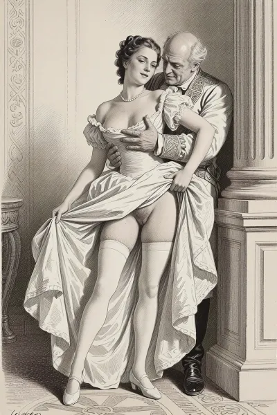 This is a detailed monochromatic pencil drawing in a classical illustrative style depicts a scene set in Russian Empire in 1812. A ball at the palace. A very beautiful aristocrat, cute, 18 years old, tall, slender, expressive eyes, A pretty face, a sly smile, delicate features, fair skin, medium-sized high breasts, pearl necklace around her neck, long legs, leaning back against a column, (full-length view), in a beautiful white ball gown and lifting the hem of the dress, extremely visible hairy pussy, (high quality), hairy pubis, labia, (white long stockings visible), white shoes skirtlift, Obese ugly old man 90 yo hugs her, the old man is wearing a rich outfit from that time, Old man smirks maliciously.The overall mood is intense, rendered in fine, expressive line work and subtle shading, evoking the style of 1950s satirical or moralistic illustrations.