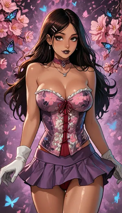 Melkor mancin meet markgavatino style, ((symmetric brown eyes, heavy eye shadow)), (purple background psychedelic abstract), exotic face subtle smile, (dark skin:1.5), muscular, ((short pink Chinese floral corset princess in an purple microskirt short hem, with botanical floral patterning embroidery)), subtle nipples, (hands touch herself, portrait pose arched back exaggerated ass and tits curves), ((plump cleavage breasts and curvy body)), ((huge ass:1.2)), glowing purple flowers butterflies, (reiq style), Score_9, score_8_up, score_7_up, masterpiece, black lipstick, blush, purple glitter, (1woman, 8k resolution, ultra-detailed), solo, ratatatat74, super thick long hair blowing in the wind, hair clips bangles, (((wet red panties dripping))), butterflies, necklace choker, <lora:LCMTurboMix_Euler_A_fix:1.1>, <lora:ratatatat74-000050:1.1>, <lora:SDXLSamDoesArts:1.1>, NEGATIVE_HANDS, gloves