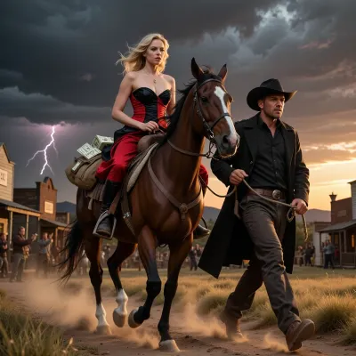 A sharp detailed photo, a rugged man hurries beside a saddled horse, holding its reins firmly in one hand, the horse is loaded with saddlebags stuffed with cash, notes visible. A blonde woman sits gracefully on the horse he leads, her posture steady and composed, her red and black taffeta dress moving softly in the evening breeze. The man walks speedily on foot, guiding the horse with urgency and confidence, while the woman remains seated on its back. They move hurriedly together through the fading light, dust rising gently around them, moving toward the viewer.
He wears a black stetson and a long coat that trails in the warm wind, one hand holding the reins loosely as the horse trots behind. In the distance, behind them we can see a typical 1860's wild west town, various wooden buildings, people pointing and shouting at the fleeing man and woman on horse. Dark storm clouds gather on the horizon behind them, distant lightning.
Golden grass glows under the late sunlight, dust rising softly around their boots. As they ride towards the sunset, the amber glow lights their faces and figures, long shadows stretching behind them. Shot on Leica M6, Kodak Portra 400 film, slight low angle, cinematic composition.