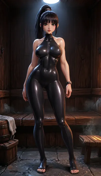 (innv meets jack cayless style), reiq style, masterpiece, cel-shaded, limited color palette, ((Beautiful Muscles Sexy Eve from Stellar Blade game body:1.3)), 1girl, solo, alone, (athletic, wide, build, body), (seductive face, black hair tied in a long ponytail, and bangs, ads, big perfect breast, muscles athletic body, perfect legs, feet, vary wide hips, perfect thighs, big perfect hard ass, sweaty body), ((metallic tie), (tight, metallic, techy, gear, sci-fi, body suit)), (camel toed), ((standing seductive posing)), full body in front view, (sauna, steam, hotel), ultraviolet light, LoL, Style, stelbldeve, <lora:LCMTurboMix_Euler_A_fix:2>, <lora:EnvyCuteXL01v12:2>, <lora:EnvyAnimeDigitalPaintingXL01:2>, <lora:StelBldEveXL:2>, <lora:Eve_-_Cybernetic_Dress:.8>