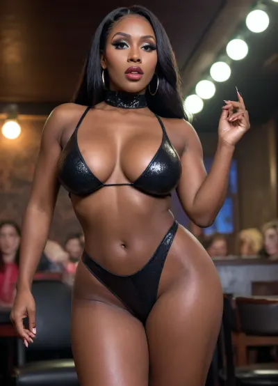 Cinematic style at a dominant racial before them. She's gazing up with big, innocent eyes as she takes their cock deep into her throat. Saliva drips down her chin and onto her pert breasts as she gags and slobbers. The any-perspective immerses in the sloppy, worshipful gangblow., in crowded club of all-in-one hotel, realistic HDR contrasted, colored lighting, club's stage on epic detailing, sharped, (iconic slimfit tall curvy bodied, bimbocore black skinned makeup, one position, bimbobreasts:1.3), (muscular female her genital limb), round booty, flat abdominal, forcing, viewing together, bisexual positioned touching limb, collabing jobs, ahegao, playing strokes, (mistresses by detailing bdsm:1.2)