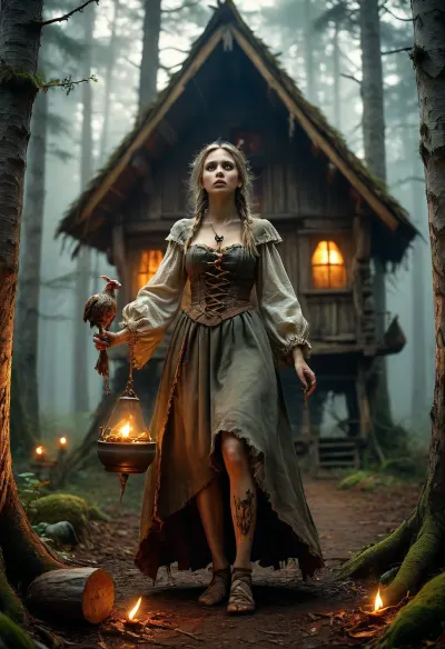 Baba yaga, Baba Yaga is a complex, contradictory figure in Slavic folklore. She is most commonly described as a fearsome, cannibalistic witch with bony legs, an elongated iron nose that touches the ceiling, and iron teeth.how is baba yaga described in slavic mythology +9 Baba Yaga is a complex, and iron teeth. Despite her terrifying reputation, she sometimes acts as a wise mentor or helper to worthy heroes.She is characterized by several highly specific and magical traits, The Flying Mortar, She does not fly on a broomstick. Instead, she travels through the air in a giant wooden or iron mortar, steering with a pestle and using a silver birch broom to sweep away her tracks.The Hut on Chicken Legs, She lives deep in the forest in a mysterious hut that stands on giant, dancing chicken legs. The hut spins constantly and only stops when a specific magical phrase is spoken, "Turn your back to the forest, your front to me."The Bone Fence, Her secluded dwelling is surrounded by a fence made of human bones, topped with glowing skulls that light up the dark.Dual Nature, Depending on the tale, she can either be a vicious ogress or a benefactor who rewards heroes with magical items, guidance, or the water of life. golden hour lighting, <lora:DetailedEyes_V3:.8>, <lora:MJ52:.8>