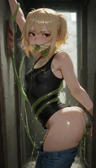 BNHA, (MHA), Hero Prodigy gets a Femboy System. Nao Ichijo, Feminine face, Feminine shoulders, flat chest, Petite arms, Slender legs, Round ass, wearing torn up damaged dirty black shirt with blue jeans with visible penis bulge, His short blonde hair so pale it shimmered near silver and his face both sharp and delicate with Black eyes gleamed beneath furrowed brows and His slender frame petite, with just a hint of muscle—strained against the black shirt and slacks clinging to his sweat-damp skin. As Nao Ichijo staggered toward a flickering bus stop. The mutant Slimeball grabbed Nao's neck, slamming him against the alley wall with a grunt. The air rushed from his lungs as cold, slimy green tendrils slithered over his skin, tearing his clothes off in seconds. The slick, gelatinous touch was invasive, crawling under his flesh, chilling and arousing in equal measure. Nao's body twitched, betraying him with a shiver of unwanted pleasure.

"Stop! What the fuck—" His protest was cut off as a thick wad of green slime forced its way into his mouth, gagging him. His eyes watered, tears spilling down his flushed cheeks as he thrashed against the bindings. The green slime crept lower, probing his exposed ass, pressing against his tight asshole. Panic surged, but his struggles only made the tendrils tighten, their slick surface gliding effortlessly.

With a wet, obscene squelch, the green slime formed a thick, gigantic phallic shape and thrust inside him. Nao's muffled scream dissolved into a choked moan as the slick intrusion filled him, stretching his insides with a perverse, liquid ease. The slime was soft, almost too soft, its lubricated glide sparking waves of shameful pleasure that melted his resistance. It pumped into him, relentless but eerily gentle, each thrust a slick caress that set his nerves ablaze.

***GLUCK GLUCK GLUCK***

The lewd sounds filled the alley, Nao's body slamming into the wall with each brutal yet painless plunge. His small cock, traitorously hard, throbbed against his will, leaking precum onto the floor. His mind frayed, drowning in the overwhelming sensation—the cold, slimy touch, the humiliating fullness, the electric sparks of his own quirk flickering uselessly at his fingertips.

With a final, deep thrust, the slime pulsed inside him, and Nao's body seized. His eyes rolled back, a guttural moan escaping as he climaxed, ropes of white cum splattering the dirt below. The slime withdrew with a wet pop, leaving him trembling, panting, and utterly broken.

"Wh… hah… hu… ah…" Nao gasped, his voice a wrecked whisper, thoughts scattered like ash. The mutant loomed over him. Cinematic fantasy style, ultra detailed, dramatic lighting, ethereal fog, high contrast, realistic textures, powerful supernatural aura, dynamic pose, 4K, cinematic close-up