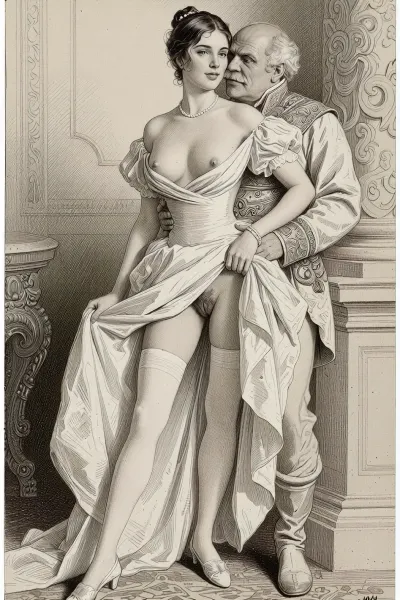 This is a detailed monochromatic pencil drawing in a classical illustrative style depicts a scene set in Russian Empire in 1812. A ball at the palace. A very beautiful aristocrat, cute, 18 years old, tall, slender, expressive eyes, A pretty face, a sly smile, delicate features, fair skin, medium-sized high breasts, pearl necklace around her neck, long legs, leaning back against a column, (full-length view), in a beautiful white ball gown and lifting the hem of the dress, extremely visible hairy pussy, (high quality), hairy pubis, labia, (white long stockings visible), white shoes skirtlift, Obese ugly old man 90 yo hugs her, the old man is wearing a rich outfit from that time, Old man smirks maliciously.The overall mood is intense, rendered in fine, expressive line work and subtle shading, evoking the style of 1950s satirical or moralistic illustrations.