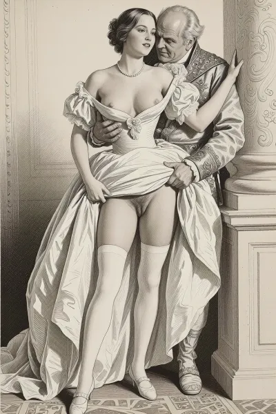 This is a detailed monochromatic pencil drawing in a classical illustrative style depicts a scene set in Russian Empire in 1812. A ball at the palace. A very beautiful aristocrat, 18 years old, tall, slender, expressive eyes, A pretty face, a sly smile, delicate features, fair skin, medium-sized high breasts, pearl necklace around her neck, long legs, leaning back against a column, (full-length view), in a beautiful white ball gown and lifting the hem of the dress, extremely visible hairy pussy, (high quality), hairy pubis, labia, (white long stockings visible), white shoes skirtlift, Obese ugly old man 90 yo hugs her, the old man is wearing a rich outfit from that time, Old man smirks maliciously.The overall mood is intense, rendered in fine, expressive line work and subtle shading, evoking the style of 1950s satirical or moralistic illustrations.