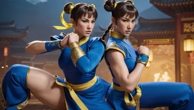 Photograph, Chun Li from the Street Fighter video game series. Chun Li is portrayed with fair skin and light brown hair styled in two buns with yellow ribbons. She has blue eyes and a determined expression. She is dressed in her iconic blue qipao with gold accents, showcasing her slim figure. Her hands are in a fighting stance, showcasing her muscular arms. The background is a misty, dimly lit environment with a blue hue. The image is a full-body shot, highlighting Chun Li's poised and powerful stance. The rendering is highly detailed, with realistic textures on her clothing and accessories., <lora:Chun-Li-SDXL:.8>