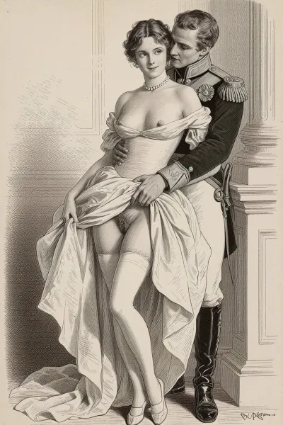 This is a detailed monochromatic pencil drawing in a classical illustrative style depicts a scene set in Russian Empire in 1812. A ball at the palace. A very beautiful aristocrat, 18 years old, tall, slender, expressive eyes, a sly smile, delicate features, fair skin, medium-sized high breasts, pearl necklace around her neck, long legs, leaning back against a column, (full-length view), in a beautiful white ball gown and lifting the hem of the dress, extremely visible hairy pussy, (high quality), hairy pubis, labia, (white long stockings visible), white shoes, skirtlift, a mustachioed hussar in full uniform, (dolman, mentik, chakchirs, hussar boots), hugs her, the hussar is wearing in a hussar uniform from that time, hussar smirks maliciously.The overall mood is intense, rendered in fine, expressive line work and subtle shading, evoking the style of 1950s satirical or moralistic illustrations.