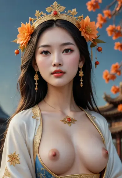 Photorealistic artwork of an Chinese woman with pale porcelain skin and delicate features. She wears intricate gold jewelry—an ornate earring and a detailed headpiece crowned with a golden flower. Her long dark hair is elegantly styled, accented by a vivid orange blossom. Behind her, a massive glowing golden crescent moon rises against a deep blue star-filled sky. She wears a flowing white robe with soft blue patterns that blend into the night. Branches with delicate orange flowers frame her, merging natural beauty with a dreamlike, otherworldly atmosphere., (breast cutout clothing:1.6), (pretty face:1.8), (perfect nose:1.6), makeup, <lora:Midjourney Image Enhancer XL v1:1.3>, <lora:2BoutOvalSDXL2-000002:1.6>