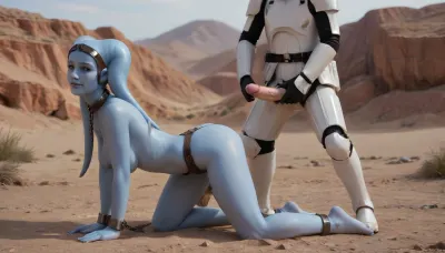 Ultra-realistic, female twi'lek, blue skin, smiling, star wars, big breasts, torn clothes, slave collar with chain, erotic dancing, full body, in desert planet, stormtrooper fucking slave doggystyle, penis, holding head, side view, detailed, Twi'lek, msle, Female, slave_restraints, outfit, 4ng3l, face, <lora:twi'lek:1.2>, <lora:slave_restraints:.9>, <lora:SDXL_BetterFaces-LoRA_v1:1.1>