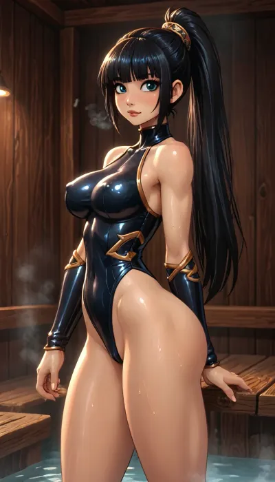 (innv meets jack cayless style), (reiq style, masterpiece, cel-shaded, limited color palette), ((Beautiful Muscles Sexy Eve from Stellar Blade game body:1.3)), 1girl, solo, alone, (athletic, wide, build, body), (seductive face, black hair tied in a long ponytail, and bangs, ads, big perfect breast, muscles, perfect legs, feet, wide hips, big perfect hard ass, sweaty body), ((Eve from Stellar Blad Automata Suit Outfits)), (camel toed), (front facing standing playful posing), (sauna, steam, hotel), ultraviolet light, LoL, Style, stelbldeve, woman, fine_ascxl, anime, screencap, <lora:LCMTurboMix_Euler_A_fix:2>, <lora:EnvyCuteXL01v12:2>, <lora:StelBldEveXL:2>, <lora:cyber_fantasy:2>, <lora:Anime_Screencap_Enhancement-v1:2>