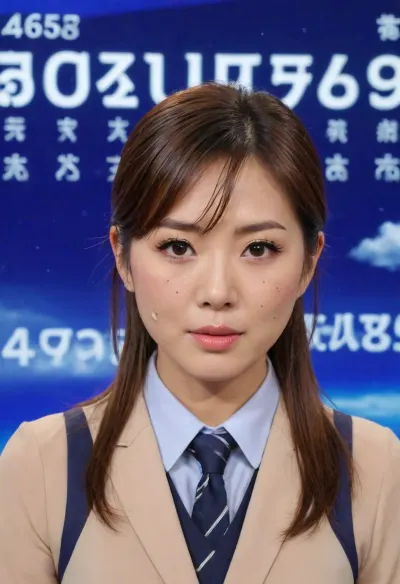 Japanese news anchor with huge amounts of cum on her face, drenched in cum, TV broadcast, weather screens in background, studio, news channel, (live on air presenting the weather forecast:1.2), she is looking straight into the camera, full body shot, fully clothed, cfnm, huge amounts of cum on her face, cum in her mouth, cum dripping from her chin, freeuse