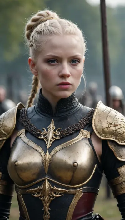 Tense Young Dark Female albino Warrior for the God of Chaos and War in fearsome and also beguiling wealthy expensive ornamated pomp splendor pageantry magnificence opulence, sumptuousness heavy armor in very black and bright gold with piquant insights. One very elegant braided ponytail, the whole appearance radiates dominion rule reign dominance power control, Many fresh blood splashes from the slain opponents are on the face and on the armor. She stands as a shining centerpiece on a fantasy medieval raging bloody cruel crowded battlefield.