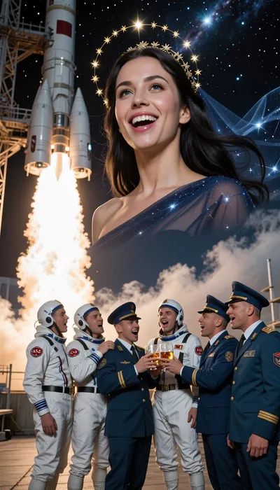 A cinematic, wide-angle 1960s sci-fi film photograph depicting a monumental and poetic cosmic triumph.

Hovering serenely high in the air at normal human scale, looking down from above, is the Goddess of the Cosmos. Her face possesses a flawless, neoclassical sculpted beauty with a warm, joyful smile and bright, expressive eyes full of proud, visionary optimism. Her true divine attributes define her, a shifting crown of miniature, brilliant golden stars hovers in a perfect circle just above her head, and her long dark hair drifts fluidly like a weightless nebula. She is draped in a minimal, translucent dark blue veil woven from the night sky itself, shifting with faint constellations. She holds no objects, completely detached from the physical world, silently infusing the scene below with an overwhelming aura of euphoria and divine protection.

Far below her, gathered standing together on the concrete launchpad, a group of Soviet cosmonauts in pristine white CCCP spacesuits and rocket engineers in sharp, formal slate-blue Soviet Air Force military dress uniforms are celebrating intensely. They are completely oblivious to her presence, focused entirely on each other, laughing, shouting in triumph, and clinking their crystal glasses filled with amber cognac to toast their victory.

In the background, a massive R-7 rocket is in the spectacular first seconds of liftoff, its engines blasting a clean, blinding torrent of fire and smoke into the deep night sky where the Milky Way is visible. The lighting is powerfully theatrical, the immense, roaring glare from the rocket engines illuminates the ecstatic faces of the men below and casts a brilliant, ethereal rim light on the floating goddess above. Shot on vintage 70mm film with a clean, cinematic depth of field.