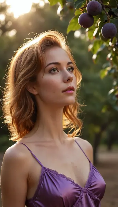 Stunningly beautiful English woman, she is short. purple full length nightie blowing in the breeze, with fine spaghetti straps, no sleeves, the thick satin is shiny.
tiny perky breast, small breast profile is visible. Flat chested. close up view, head and shoulders shot only, she stands next to plumb trees, the trees are ladened with large round ripe purple fruit, she is tending the plumbs, so many plumbs. golden sunset light, obvious Freckled, Sun kissed skin. skin texture and hair follicles are visible. 20 years old, short auburn hair, hair pulled back tightly. looking lovingly at the camera. Hollywood ‘A lister’ looks. She strikes a Hollywood actress pose, she is poser, one shoulder up and one down., <lora:Midjourney Image Enhancer XL v1:.5>