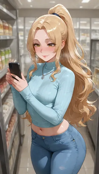 025 year old Woman standing in a grocery store texting on a phone, looking at phone in hand, long wavy yellow hair tied into a ponytail, light blue sweater that falls just past her hips, the sleeves slightly too long on her arms, Light-wash jeans that hug her legs, A delicate silver necklace peeking out from under her collar, (happy smile:1.2), natural tits, slutty aesthetic, toned arms, perfect complexion, glossy and full voluptuous lips, blushing, manicured nails, small natural breasts, detail, detailed hands, detailed fingers, thin dangling hoop earrings, highly detailed, sweat, lips detail, skin detail, nail polish matching outfit, <lora:sfb_v3:1.3>, <lora:bimboxl_02:.5>, <lora:Incase_Style__SDXL:.4>, <lora:dggy:.8>